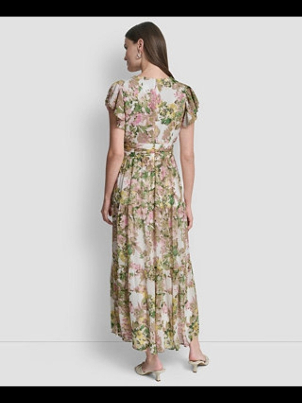 DKNY Pink & Green Floral Maxi Dress with Flutter Sleeves Size 16 - Picture 2 of 8